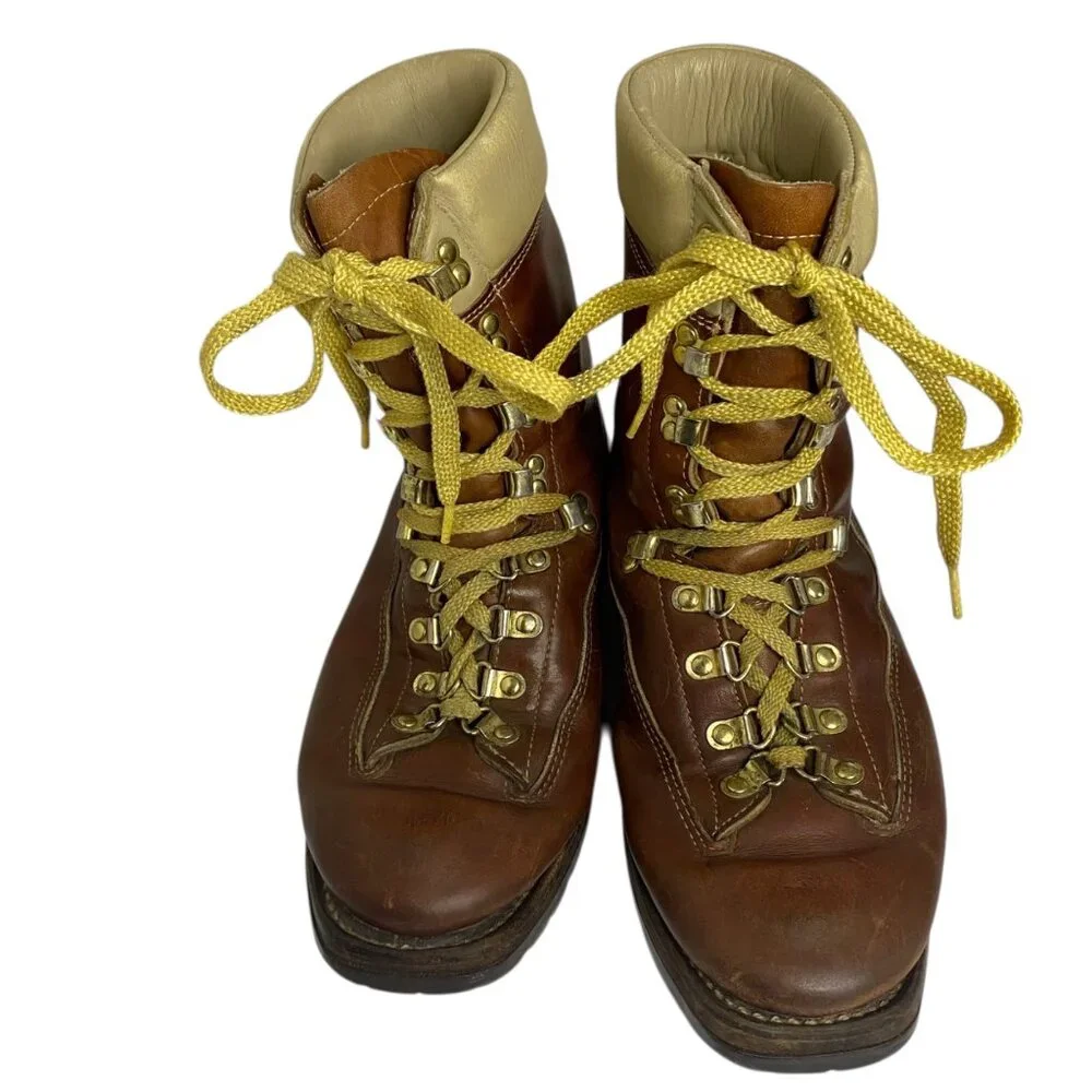 Vintage Genuine Sherpa‎ Lined Brown Leather Hiking Boots Lace Up Men 8.5EE